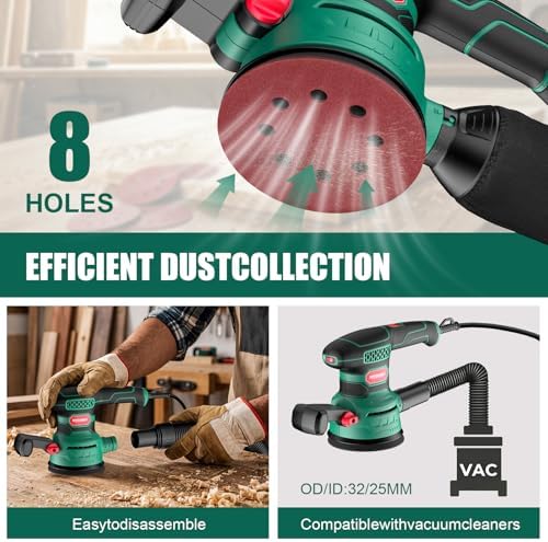 HYCHIKA Random Orbital Sander, 6 Variable Speed 3.8Amp 450W 5-Inch Electric Wood Sander with Double Handle, High Efficiency Dust Collector & 20Pcs Sandpapers for Heavy Duty Woodworking