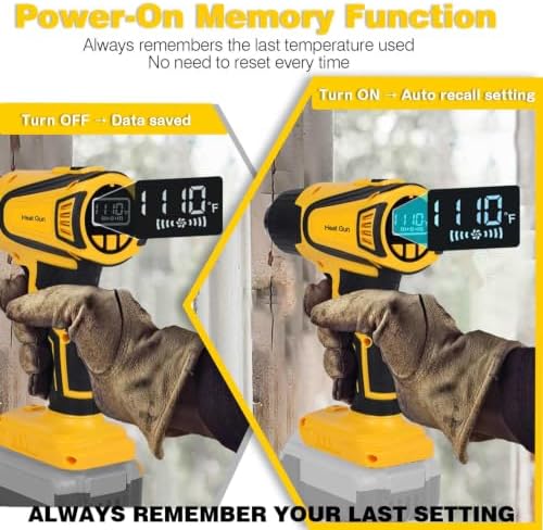 Cordless Heat Gun Compatible with Dewalt 20V Battery 350W Fast Heating 2-Temp Setting120℉-1110℉ Portable Hot Air Gun with LCD Display 4Nozzle for DIY shrink wrapping (Tool Only, Not Made by Dewalt)