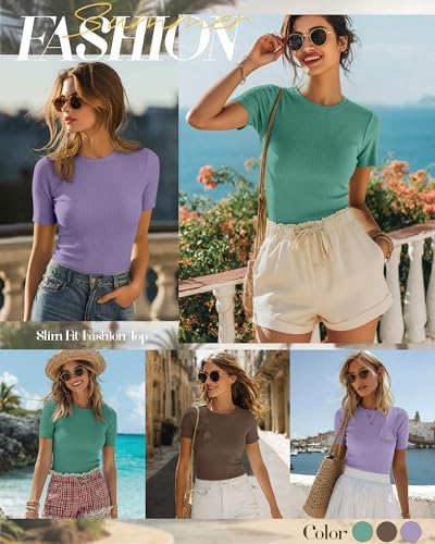 Ficerd 3 Pack Women's Ribbed Short Sleeve T-Shirts