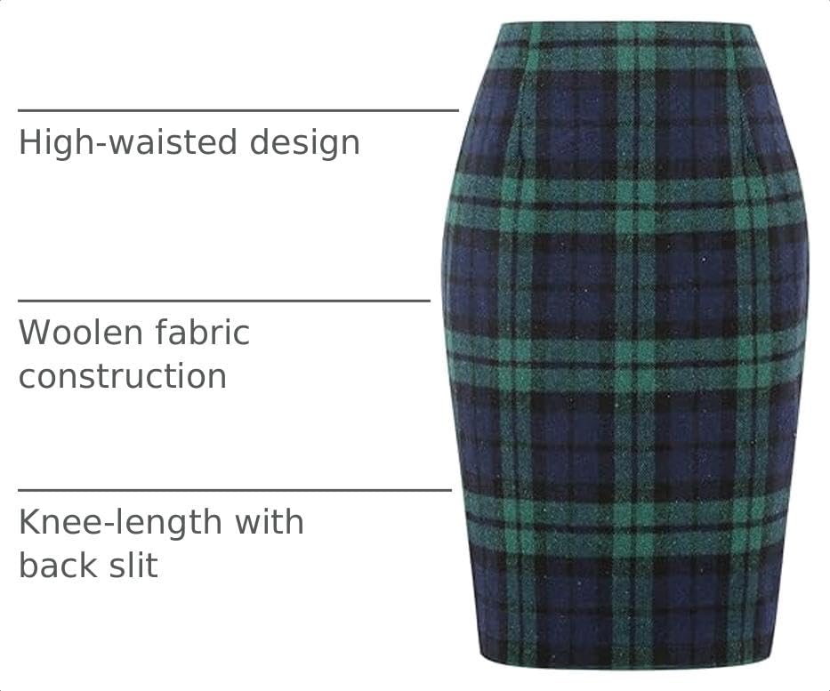 IDEALSANXUN Plaid Skirts for Women Fall Winter Knee Length Pencil Wool Skirt with Slit