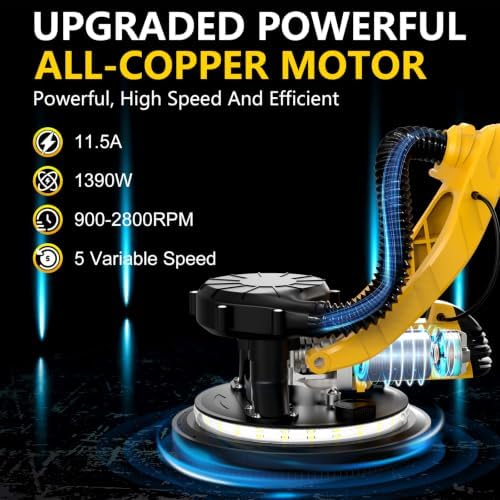 1390W Drywall Sander with Vacuum, 11.5A Electric Drywall Sander with 900-2800RPM 5 Variable Speed, Popcorn Ceiling Removal Tool with Extendable Handle, LED Light, 18x Sanding Discs