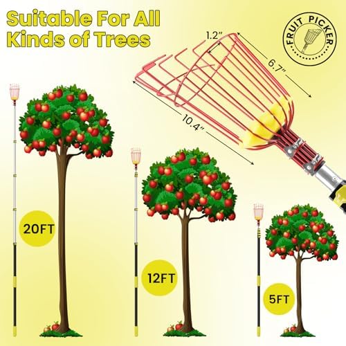 26FT Reach Fruit Picker with Basket, Apple Picking Tool Telescoping Pole, Long-Handle Mango Grabber, Tree Fruit Catcher for Harvesting Lemon Pear Orange Avocado Peach Citrus Grapefruit