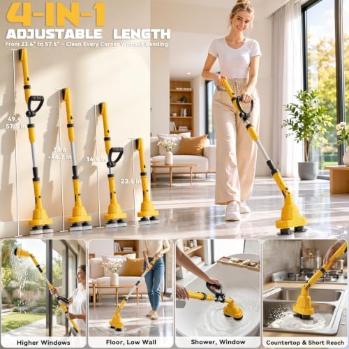 NATBEESY 2 in 1 Electric Spin Scrubber Compatible with DeWalt 20V Battery(Tool Only), Dual-Head Power Scrubber, 680/1200 RPM, 45° Adjustable Head, Extendable Handle for Tile, Tub, Floor & Bathroom