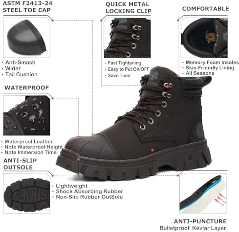 KELODON Waterproof Steel Toe Boots For Men 6 Inch Leather Steel Toe Shoes Non Slip Resistant Safety Work Boots Indestructible Lightweight Construction Boot