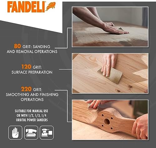 Fandeli | Multi-Purpose Sanding Paper | Assorted Grits (80,120,220) | 50 Sheets of 23 x 28 cm | Perfect for Sanding Metal and Sanding Wood | Hand Sanding | Orbital Sanders.