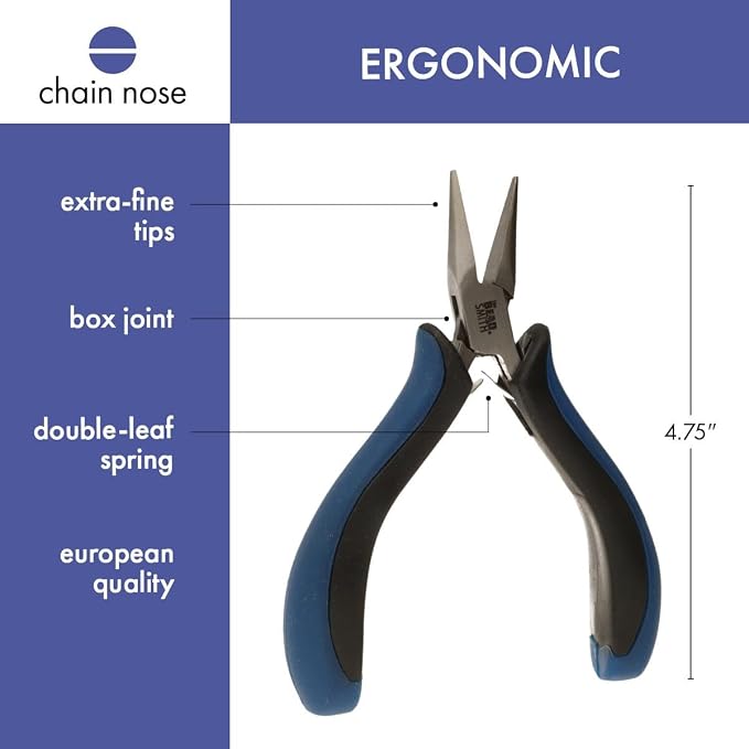 The Beadsmith Ergonomic Chain Nose Pliers – 5 inches (127mm) – Comfortable Ergonomic Grip, Double-Leaf Springs & Polished Steel Head – Extra-Fine Tips for Precision to Medium Level Work