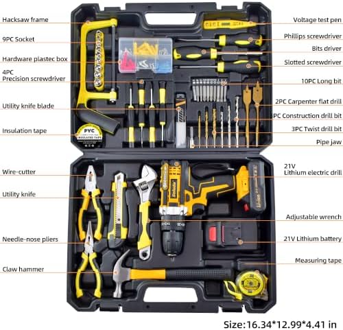 125-Piece Home Tool Set with Drill,21V Cordless Power Drill Tool Box with 2 Battery,Electric Drill Driver Tools Kit for Home Repair and DIY Projects