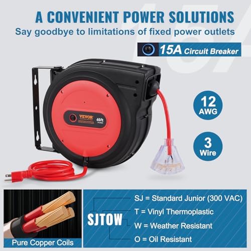 VEVOR Retractable Extension Cord Reel, 65 FT, Heavy Duty 12AWG/3C SJTOW Retractable Power Cord with Lighted Triple Tap Outlet, 15 Amp Circuit Breaker 180° Swivel Bracket for Ceiling or Wall Mount