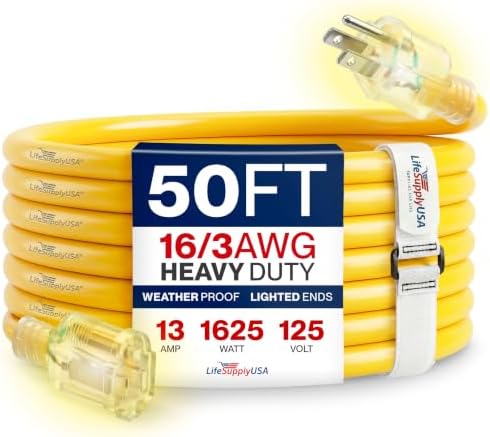 50ft Outdoor/Indoor Extension Cord 16/3 Gauge Heavy Duty 3 Prong SJTW (5-15P/5-15R), Waterproof, Flexible Cold-Resistant Long Power Cord,13A 125V 1625W, Yellow by LifeSupplyUSA