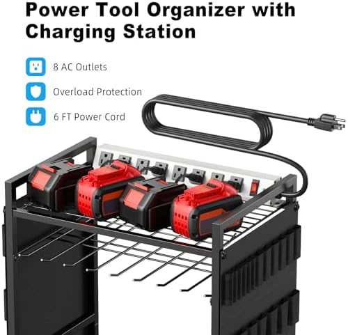 JUNNUJ Power Tool Organizer Cart with Charging Station, 10 FT Cord, Black