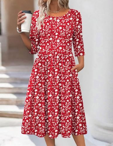 Zeagoo 3/4 Sleeve Women's Dress Casual Aline Summer Fall Midi Long Dresses