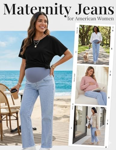 fitglam Women's Maternity Jeans Straight Leg Relaxed Fit Over Belly Pregnancy Denim Work Pants Maternity Clothes with Pockets