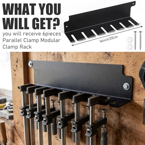 LEIFIDE 6 Pack Parallel Clamp Rack Black Help to Store Heavy Duty Clamps 16'' Long Stainless Steel Clamp Holder Pre-Drilled 16 inch on Center for Mounting to Wall Stud Workshop Organizer and Storage