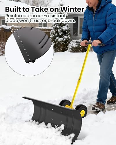 Garvee Snow Pusher with Wheels, 29" Heavy Duty Steel Blade, Adjustable Angle & Height Handle for Effortless Driveway Snow Removal, Ground Protection Base.