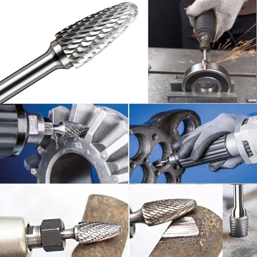 Carbide Burr Set 1/4" Shank SF-5 Die Grinder Bits Tungsten Double Cut Burr Bits (1/2" Cutter Dia X 1" Cutter Length) for Die Grinder Kits Metal Grinding Drilling Polishing (5pcs)