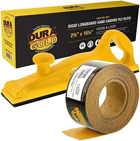 Dura-Gold Pro Series Rigid Longboard Hand Sanding File Block with Hook & Loop Backing and PSA Backing Adapter Pad & 100 Grit PSA Longboard Sandpaper 20 Yard Roll, 2-3/4" Wide