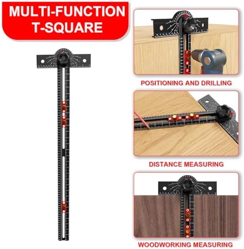 29 Inch Woodworking T Square Ruler, Aluminum Alloy, Adjustable Angle 15-165° Measurement Tool, Precision Drilling Positioning Guide for Carpentry, Drafting, Contractor, Scribe Crafting, Drywall