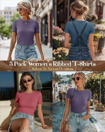 Ficerd 3 Pack Women's Ribbed Short Sleeve T-Shirts