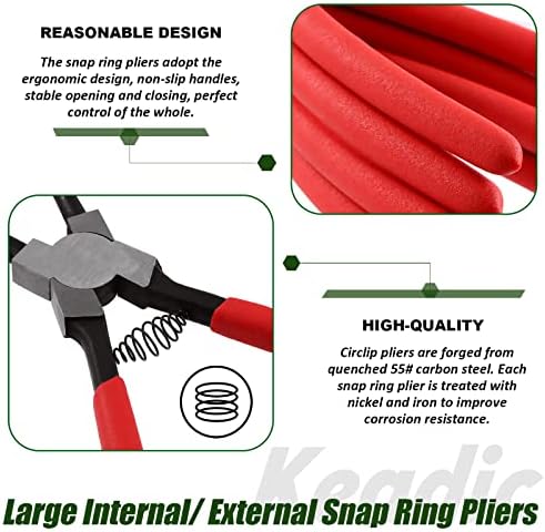 Keadic 8 Pcs 13" Internal External Snap Ring Pliers Set and Precision Hooks with Storage Bag, Heavy Duty Circlip Pliers Kit with Straight/Bent Jaw for Removing Ring Hose