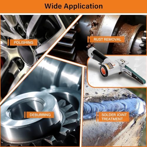 3/8" x 13" High-Performance Pneumatic Sander for Metal Deburring Handheld Pneumatic Belt Sander with 3pc Sanding Belts (#40, #60, #80) Weld Polishing，Aluminum, Iron, Steel Finishing Tool