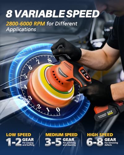 Cordless Car Buffer Polisher, 8 Variable Speed Car Polisher with 2x 21V 2000mAh Batteries & 18 PCS Attachments, 2800-6000RPM Cordless Car Polishing Machine for Waxing, Polishing & Scratch Removal