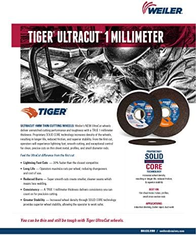 Weiler 58006 5 Inch Cutting Wheel, Tiger Zirc Steel/Metal Ultracut 1 mm Fast Cut & Long Life High Performance Thin Cutting, 1mm Z60T Type 1 7/8" Arbor, Pack of 50