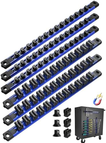 ALOANES 6PC Magnetic Tool Organizer Set - 36 Slot Screwdriver Holder & 42 Clip 3/8" Socket Rail, Heavy Duty Aluminum for Toolbox & Pegboard (Blue)