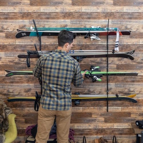 StoreYourBoard Ski Rack Wall Mount, Horizontal Ski Storage Rack for Garage, 4-Level Ski Wall Mount with Padded Arms, Ski Pole Holder, Ski Holders for Wall, Winter Gear Organizer, Black, Holds 100 lbs
