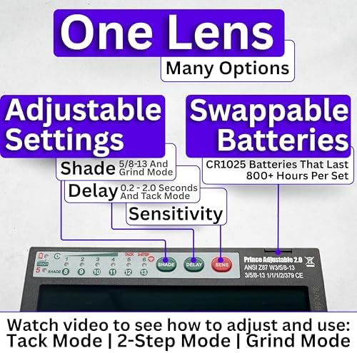 The Heir Adjustable 2.0 | Adjustable Shade 8-13 Blue Auto Darkening Welding Lens With Grind Mode | 5A TIG Rating - No Flashing | 2" X 4.25" X 0.2" | Blue Welding Lens - HD Puddle | Royal Series 2.0