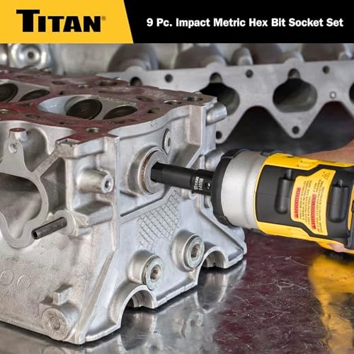 Titan 49011 9-Piece Impact Metric Hex Bit Socket Set, Sizes 6mm thru 19mm, S2 and 6150 Alloy Steel, Extra-long Design for Greater Reach and Access, Metal Storage Rail