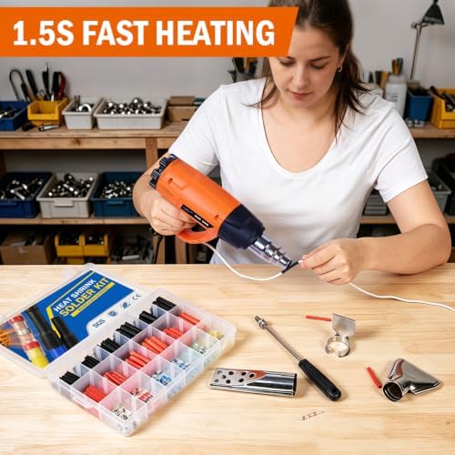 300PCS Waterproof Solder Seal Wire Connectors & 3:1 Heat Shrink Tubing with 1800W Heat Gun Kit 122℉~1202℉ Variable Temp 1.5S Fast Heating Overheat Protection for Auto Marine & Wiring Repair 10-26 AWG