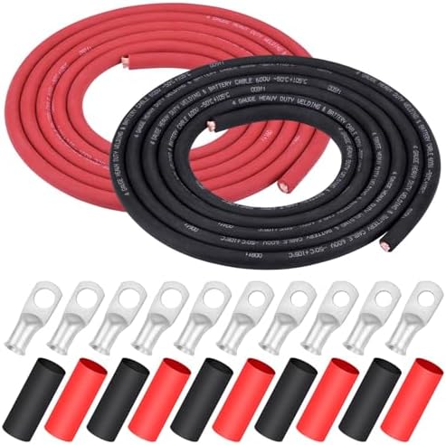 iGreely 4 AWG Gauge Wire Pure Copper Welding Battery Cable for Vehicle Solar,10Ft Black+10Ft Red Flexible OFC Cables with 5pcs of 5/16"" & 5pcs 3/8"" Copper Lug Terminal Connector Heat Shrink Tubing