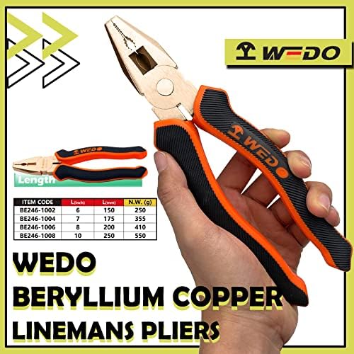 WEDO Non-Sparking Lineman's Pliers 8", Spark-free Safety Side Cutter Linemans Pliers, Combination Pliers, Wire Stripper, Crimper, Non-Magnetic, DIN Standard, BAM & FM Certificate, Beryllium Copper