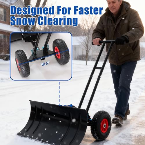 29" Heavy Duty Snow Shovel with Wheels, Shovel Snow Pusher Snow Removal with Ergonomic Handle for Easy Driveway Sidewalk Pavement Clearing (Double Rod)