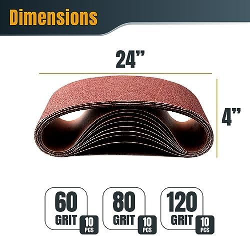 POWERTEC 4 x 24 Inch Sanding Belts, 30PK, 10 Each of 60 80 120 Grits, 4x24 Belt Sander Sanding Belts Assortment, Aluminum Oxide Sandpaper for Oscillating Belt Sander, Woodworking (110091)