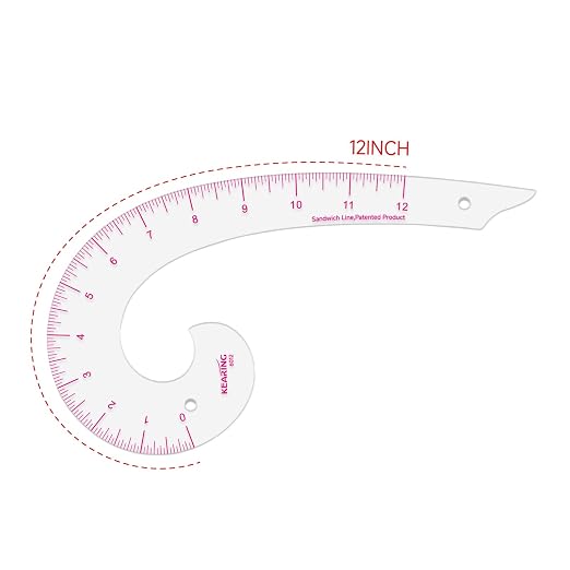 KEARING 12inch Plastic Comma Shape French Curve Ruler for Pattern Making, Sandwich Line Scale, Vary Form Curve Ruler for Sewing, Clear Muti Function Sewing Ruler for Fashion Design
