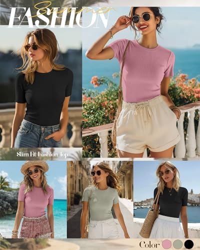 Ficerd 3 Pack Women's Ribbed Short Sleeve T-Shirts