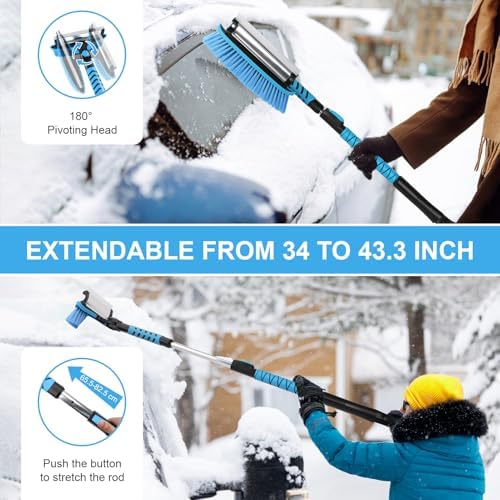 Windshield Ice Scraper Car Brush for Snow 43 inch, 3 in 1 Detachable Snow Scraper with Squeegee, 180° Pivoting Brush Head, Foam Grip, Extendable Snow Removal for Auto Truck SUV Van