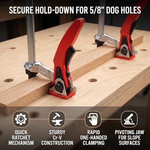 Fafeicy 2 Pcs Bench Dog Clamp Quick Ratchet 20mm Dog Hole Hold Down Clamp for Woodworking Carving Milling Polishing