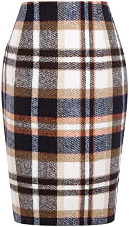 IDEALSANXUN Plaid Skirts for Women Fall Winter Knee Length Pencil Wool Skirt with Slit