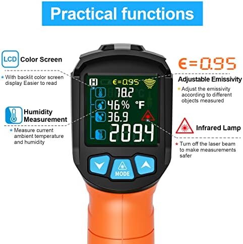 Infrared Thermometer Gun, Non Contact Digital Laser Thermometer Temperature Gun with Color LCD for Cooking, Home Repairs, Humidity Measurement, Adjustable Emissivity -58°F to 1472°F(-50~800°C)