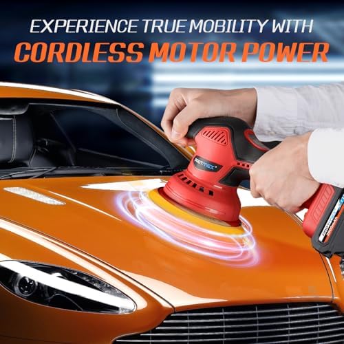 Protmex Cordless Car Buffer Polisher w/ 2x2000mAh 21V Batteries, Red