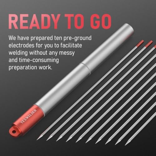 YESWELDER TIG Tungsten Electrode Pre-Sharpened Welding Tungsten 1/8" x 7" (Red, WT20/EWTh-2) 10-pk