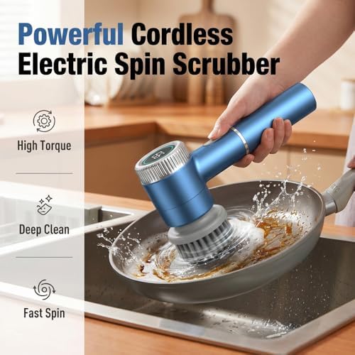 Electric Spin Scrubber, Cordless Shower Scrubber with Digital Display, 3 Speed Power Cleaning Brush with 5 Replaceable Heads, Ideal for Bathroom Tile Tub Sink Floor (Blue-2PCS)