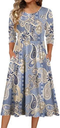 Zeagoo 3/4 Sleeve Women's Dress Casual Aline Summer Fall Midi Long Dresses