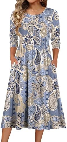 Zeagoo 3/4 Sleeve Women's Dress Casual Aline Summer Fall Midi Long Dresses