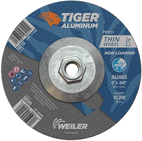 Weiler 58210 6 Inch Cutting Wheel, Tiger Aluminum Non-Loading Contaminant-Free High Performance Cutting, .045" ALU60S Type 27 5/8"-11 Hub, Pack of 10