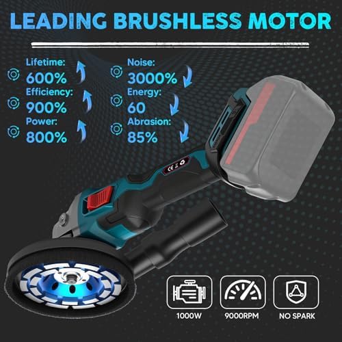 5 Inch Concrete Surface Grinder for Makita 18V Battery (No Battery), Brushless Concrete Surface Planer with Dust Extraction Shroud and Auxiliary Handles, 1000W 9000 RPM, 3-speed Adjustment