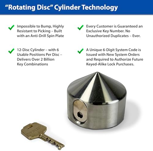 PACLOCK's 9-Series Patented Cone Puck w/Tapped Holes, High Security Rotating Disc, Manufacturer-Controlled Key Assigning, Exclusive Key Number, Keyed Differently w/ 1 Key, Silver