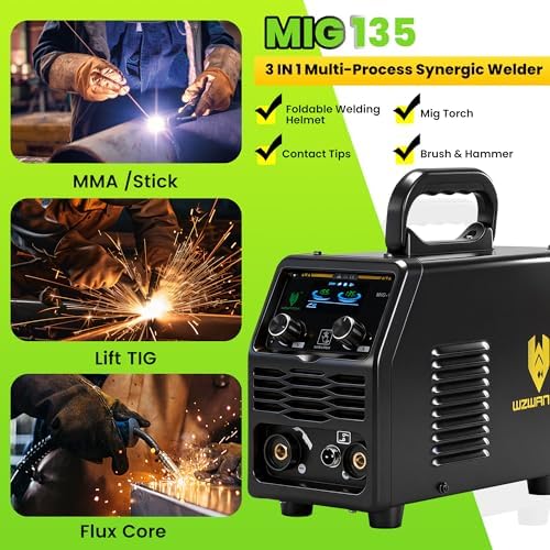 135A MIG Welder, Flux Core MIG/Lift TIG/Stick 3 In 1 MIG Welder With Smart LED Display 110/220V Dual Voltage Inverter Welder